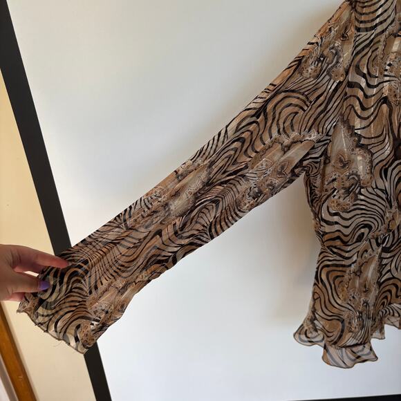 Y2K Hippie Neutral Sheer Blouse Whimsygoth Party Fall Psychedelic Ruffle Medium - Picture 4 of 7